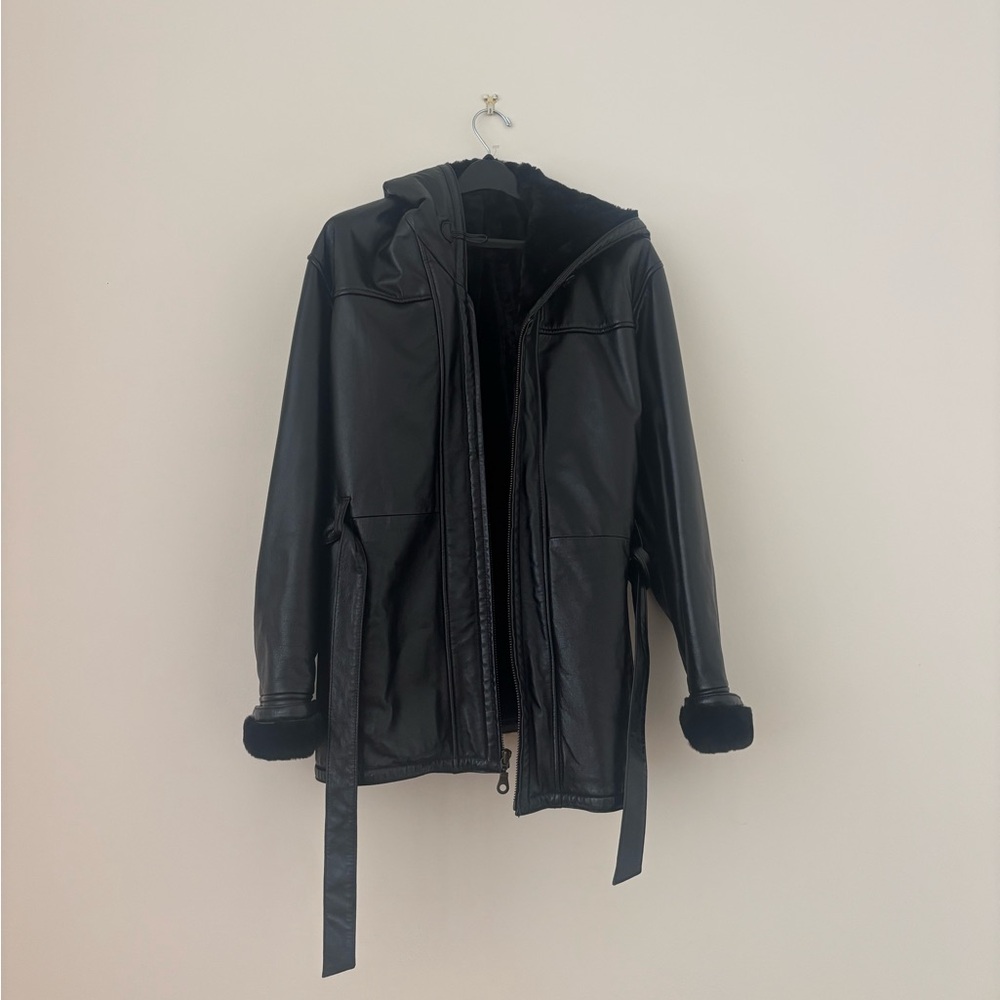 Genuine Leather Hooded Jacket with Fur Lining